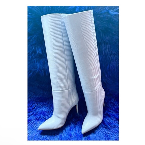 New! PARIS TEXAS 105mm Snakeskin Lizard Effect Knee High Leather Boots in Denim - Picture 9 of 16
